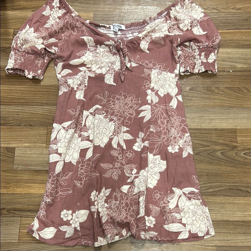 Mimi Chica Pink Cream Sundress with Puff Sleeves and Off the Shoulder Neckline